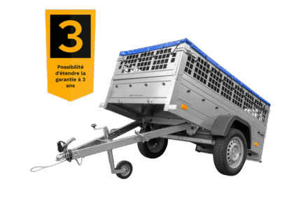 200×106 Gitteranhänger mit blauer Flachplane, Gitterwänden und Stützrad – Garden Trailer 200 KIPP